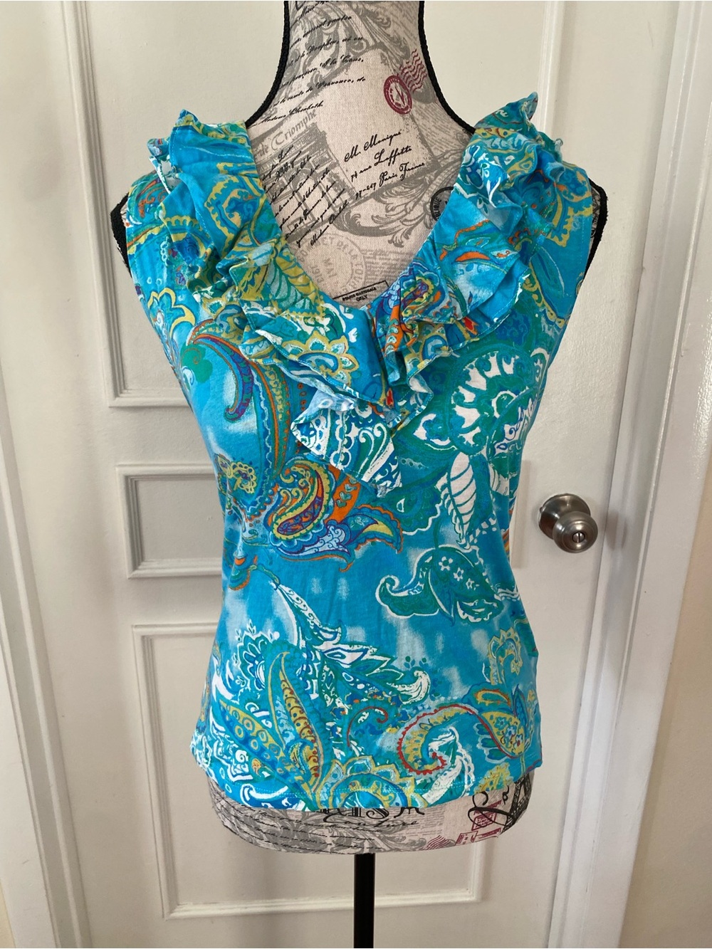 Lauren Ralph Lauren Paisley Ruffle Neck Sleeveless Blouse 100% Cotton - Picture 3 of 11